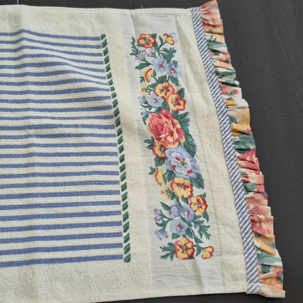 Vintage Floral and Striped Fringe Towel Shabby Cottage 80's 90's